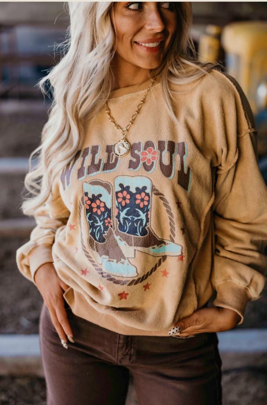Easel NWT Small Wild Soul Western Terry Knit Graphic Pullover Sweatshirt Boho
